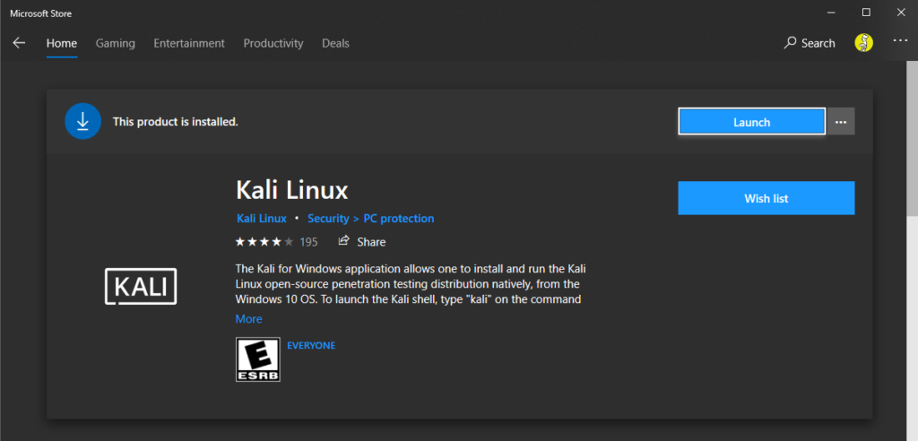 Kali Linux in MS Store